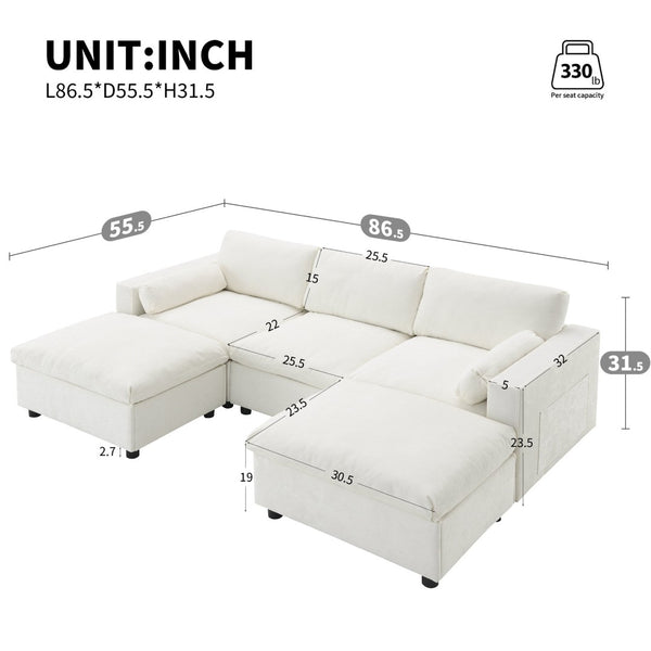 English Elm [video]86.5'' Chenille U-shaped Sectional with Dual Ottomans and Storage Pockets for Living Rooms White N723S7723A