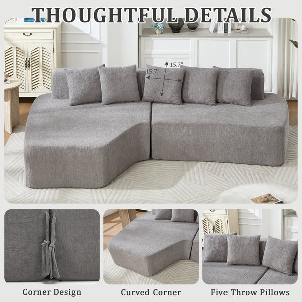 English Elm Compression Sectional Couch with Corduroy Upholstery, Deep-Seated Modular L-Shaped Sleeper Sofa, No-Assembly Comfort and Stability LIGHT GREY W1249S00007