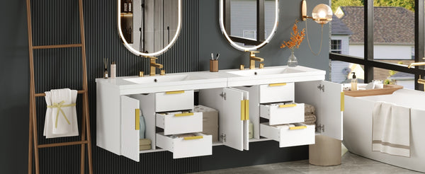 English Elm 72'' Wall Mounted Bathroom Vanity with 4 Drawers & Double Cabinets, Waterproof MDF, Smooth Slide Rails White N710SS00009K