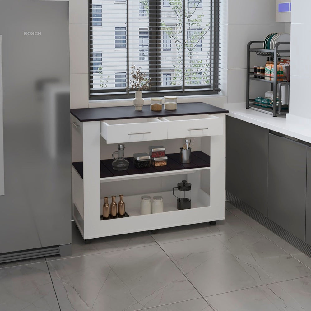 English Elm Cala Two-tone Walnut Kitchen Island with Drawers Open Shelves Prep Surface B200P460154
