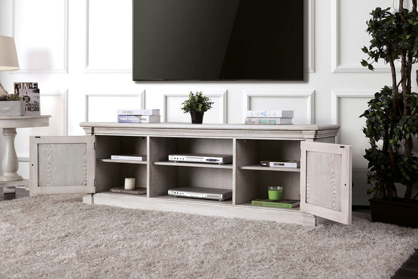 English Elm Antique Rustic Farmhouse TV Console 72"W with Sliding X-Panel Doors, Metal Accents & Open Shelves Antique White 63 L x 26 W x 10 H B2741P361967