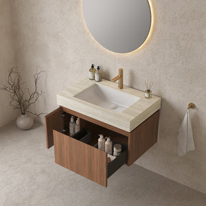 English Elm MURI Luxury Wall-Mounted 30" Bathroom Vanity with Sintered Stone Countertop and Ceramic Basin, Plywood Cabinet Beige,Brown Oak W2615S00333