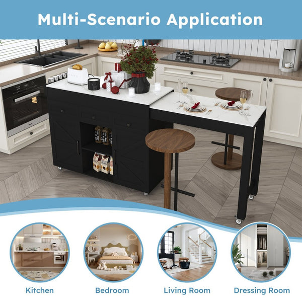 English Elm 74.8" Rolling Kitchen Island Extendable Marble Veneer Top with Power Outlet and Storage W2700S00106