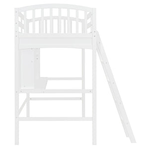 English Elm Twin Loft Bed with Built-in Desk Corner Shelves and Ladder Solid Pine White Frame LT100140KAA