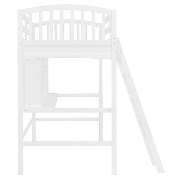 English Elm Twin Loft Bed with Built-in Desk Corner Shelves and Ladder Solid Pine White Frame LT100140KAA