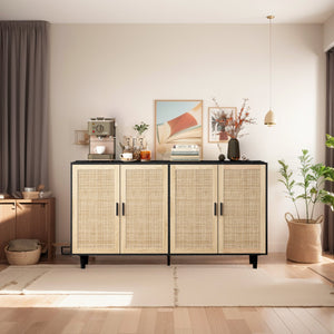 English Elm 62.20"Elegant 4-Door Rattan Storage Cabinet with Solid Wood Legs, Black, Spacious Shelves & Easy Assembly W757P174987