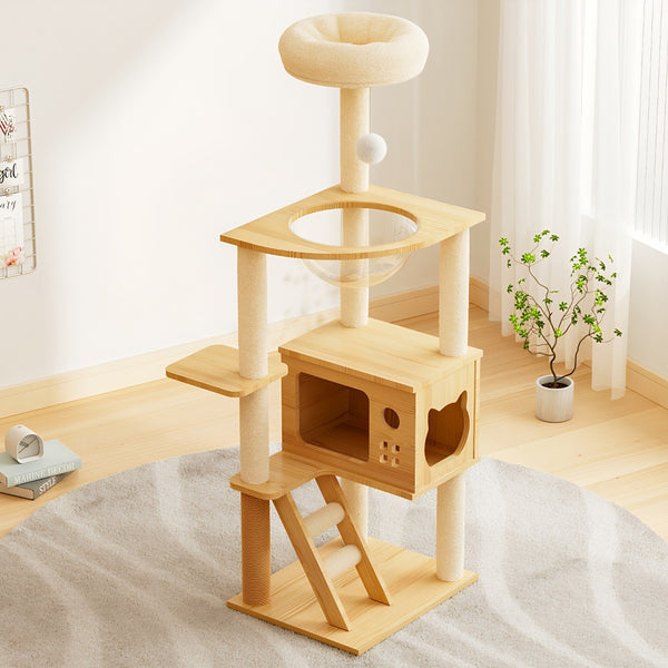 English Elm 48.8" Modern Wood Cat Tower Sisal Posts Acrylic Hammock Perch for Indoor Cats W3101P314628