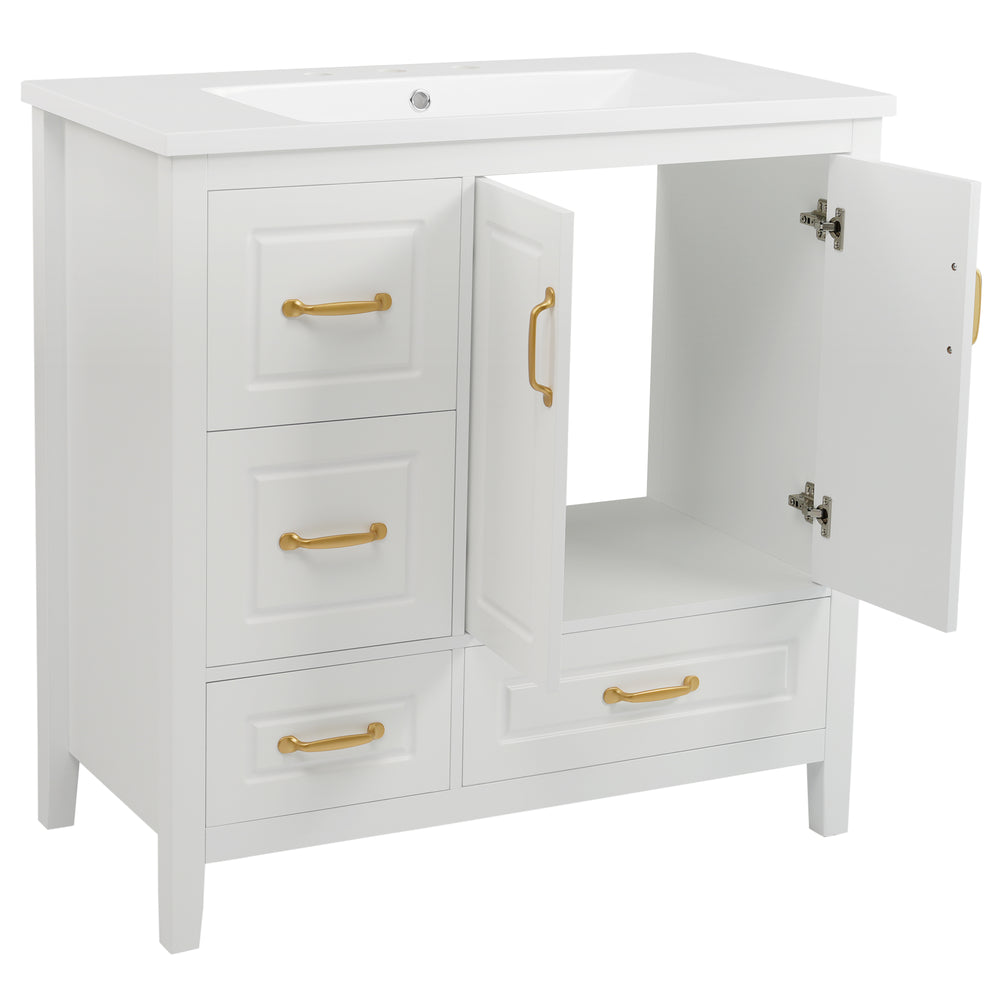 English Elm Christopher Knight Home® - 36" Freestanding Bathroom Vanity with Resin Sink, Soft-Close Doors & Drawers, Gold Alloy Handles, Spacious Storage and Easy Plumbing Access White N759P292552K
