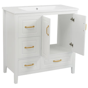 English Elm Christopher Knight Home® - 36" Freestanding Bathroom Vanity with Resin Sink, Soft-Close Doors & Drawers, Gold Alloy Handles, Spacious Storage and Easy Plumbing Access White N759P292552K