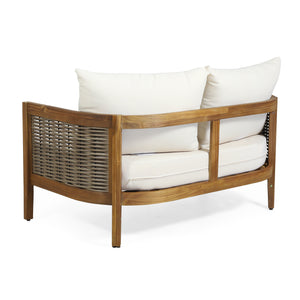 English Elm Christopher Knight Home® - 2 Outdoor Acacia Loveseat Set with Faux Rattan, Plush 6" Cushions & Slatted Coffee Table, Beige 71368.00