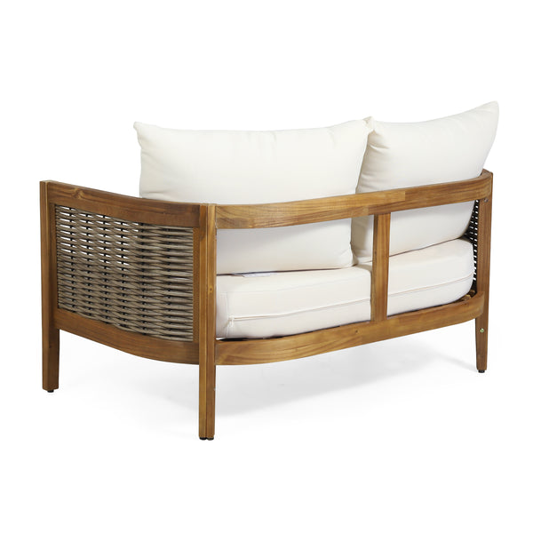 English Elm Christopher Knight Home® - 2 Outdoor Acacia Loveseat Set with Faux Rattan, Plush 6" Cushions & Slatted Coffee Table, Beige 71368.00