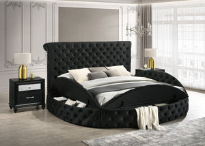 English Elm Unique Round Plush Velvet Button-Tufted Storage Bed Queen with Studded Headboard and 2 Nightstands Set Black 54.75 L x 79.5 W x 8.25 H B2741S00147