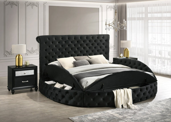 English Elm Unique Round Plush Velvet Button-Tufted Storage Bed Queen with Studded Headboard and 2 Nightstands Set Black 54.75 L x 79.5 W x 8.25 H B2741S00147