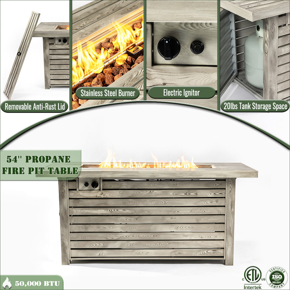 English Elm 54" 50000BTU Propane Fire Table - 54in Steel Patio Fire Pit Table with Wood Grain Finish, ETL Safe, Lid Included W853P166783