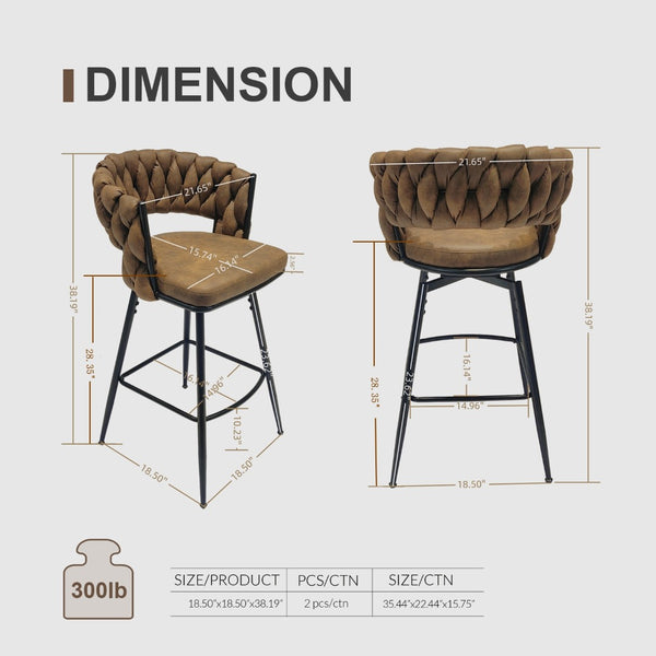 English Elm 28" Woven Leather Swivel Barstools with Arms Padded Back Industrial Kitchen Set of 2 W3732P418929