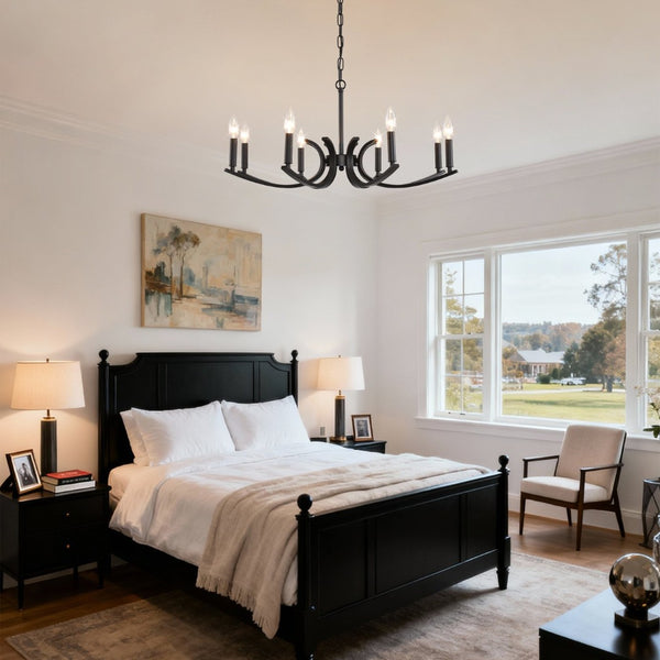 English Elm 8-light Industrial Farmhouse Chandelier Black Metal Frame for Vaulted Dining Rooms W5008P392711