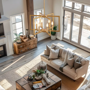 English Elm 22" Modern Geometric 6-Light Chandelier - Industrial Iron Pendant Light Fixture for Living & Dining Spaces Gold W2312P368724