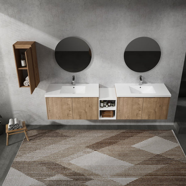 English Elm 84" Wall-Mounted Bathroom Vanity With Soft-Close Doors & Resin Sinks - Modern Storage Solution! W999S00230