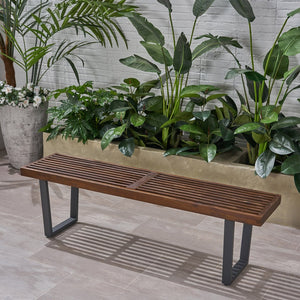 English Elm Joa Acacia Wood Outdoor Dining Bench with Iron Legs Seats Three Modern Patio 63351.00BDBRNMP1