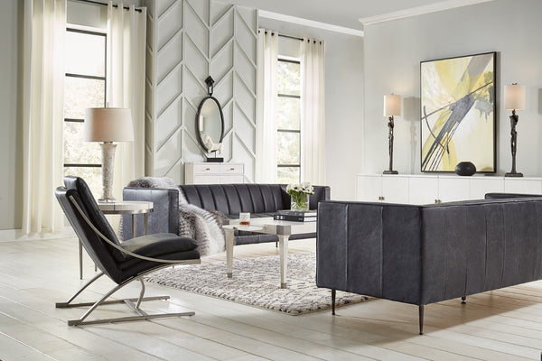 Sarreid Lexington Sofa In Nottinghill Grey Leather - Luxurious Top Grain Cowhide With Sleek Metal Accents Grey  40926