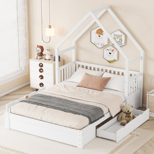English Elm Wood Queen Size House Platform Bed with Guardrail and 2 Drawers — Charming Kids’ Playful Storage Bedframe White GX000726AAK
