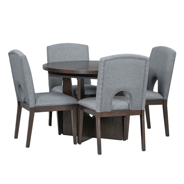 English Elm Topmax Extendable Round Dining Set with Linen Chairs and Pedestal Base Seats Five Espresso N717S000062P