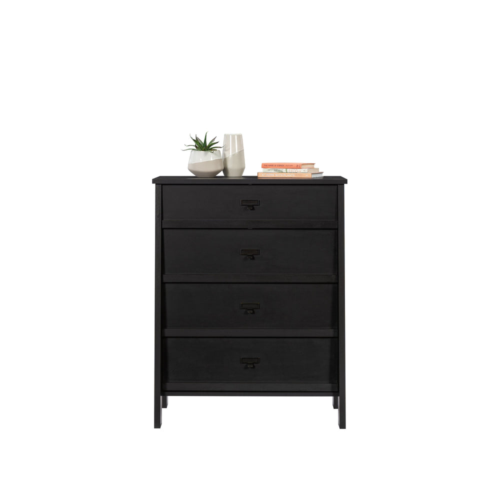 English Elm 4-Drawer Chest In Sleek Black Finish - Modern Farmhouse Storage Solution With Smooth Functionality B356P367864
