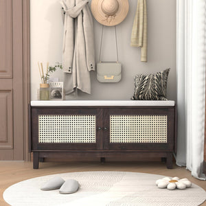 English Elm Trexm Bohemian Rattan Storage Bench Cushioned Seat Shoe Cabinet for Entryway Beige,Espresso N715P308012P