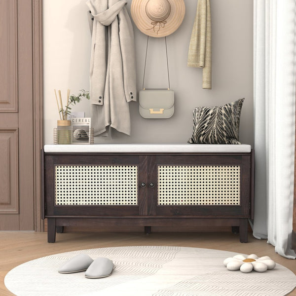 English Elm Trexm Bohemian Rattan Storage Bench Cushioned Seat Shoe Cabinet for Entryway Beige,Espresso N715P308012P