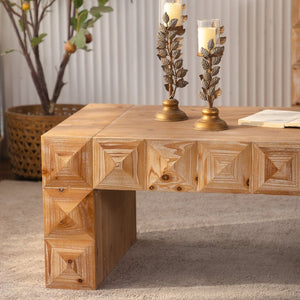 English Elm 47.24" Solid Wood Geometric Relief Carved Rectangular Coffee Table for Boho Living Rooms W3158P426657