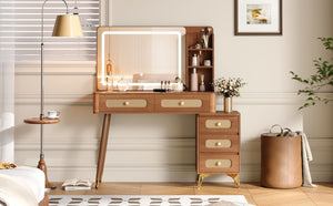 English Elm 47''Vintage Elegant Makeup Vanity with Lights and Mirror, 5-Drawer Rattan Design, Solid Wood Craftsmanship Walnut 46 L x 27 W x 8 H N733P337468M