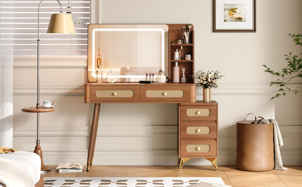 English Elm 47''Vintage Elegant Makeup Vanity with Lights and Mirror, 5-Drawer Rattan Design, Solid Wood Craftsmanship Walnut 46 L x 27 W x 8 H N733P337468M
