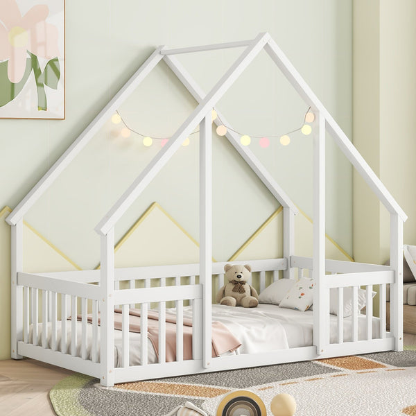 English Elm Twin Wood House-Shaped Floor Bed with Fence and Guardrails – Playful Pine Frame for Imaginative Kids Retreat White W504P143290
