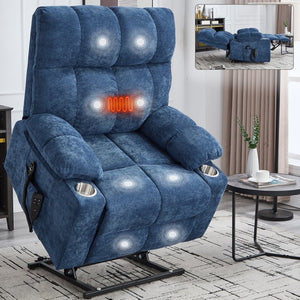 English Elm Dual Motor Power Lift Recliner with Massage Heat and Leatherair Upholstery for Living Room Blue W3224P290205