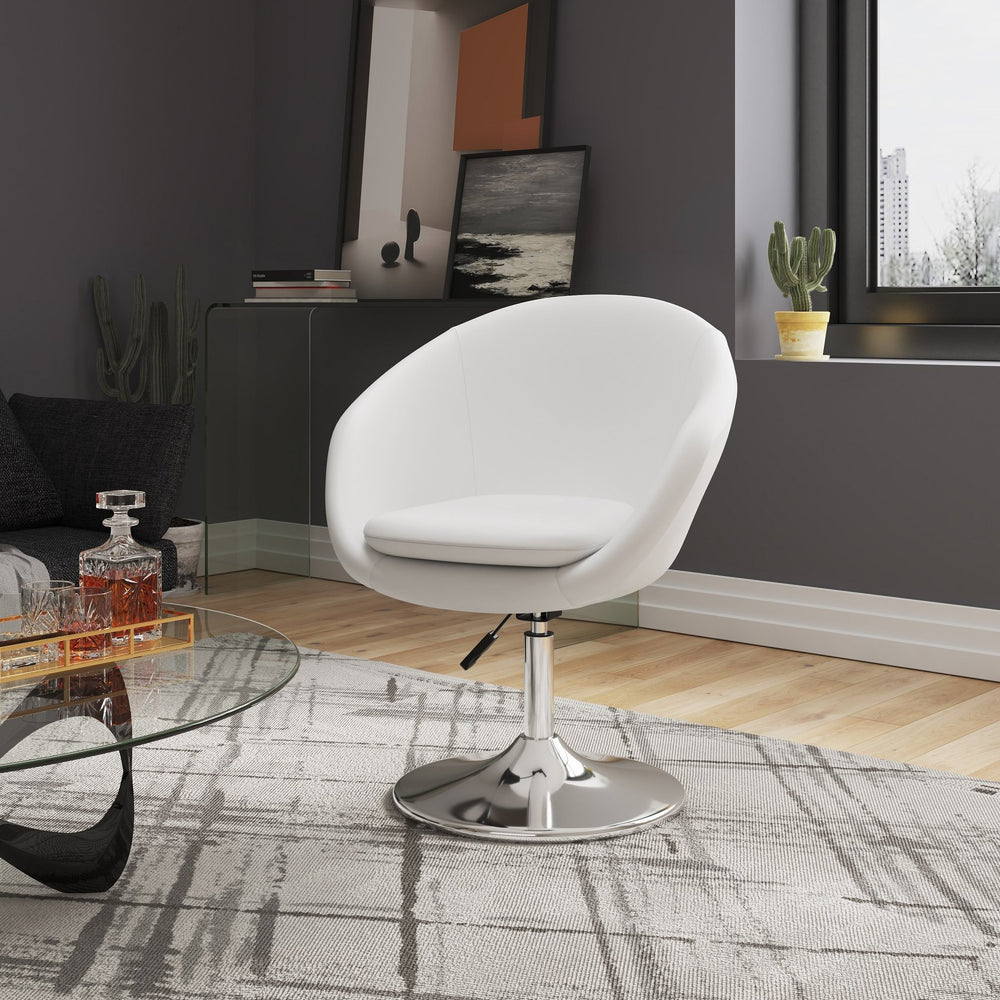 English Elm Hopper Swivel Lounge Chair with Adjustable Height and Polished Chrome Base, Modern Bowl Seat White B365P398407