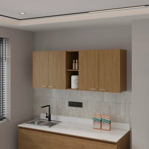 English Elm Natural Oak Wall Cabinet - Elegant Melamine Storage With 4 Doors & Open Shelves For Home Organization B062P290289