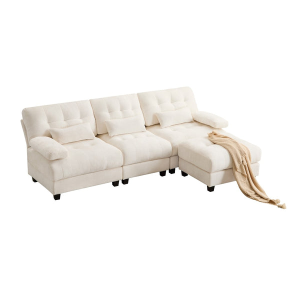 English Elm Ottoman and Chenille Sofa Set with Adjustable Backrest for Relaxed Living Room Comfort Beige W2606P359224
