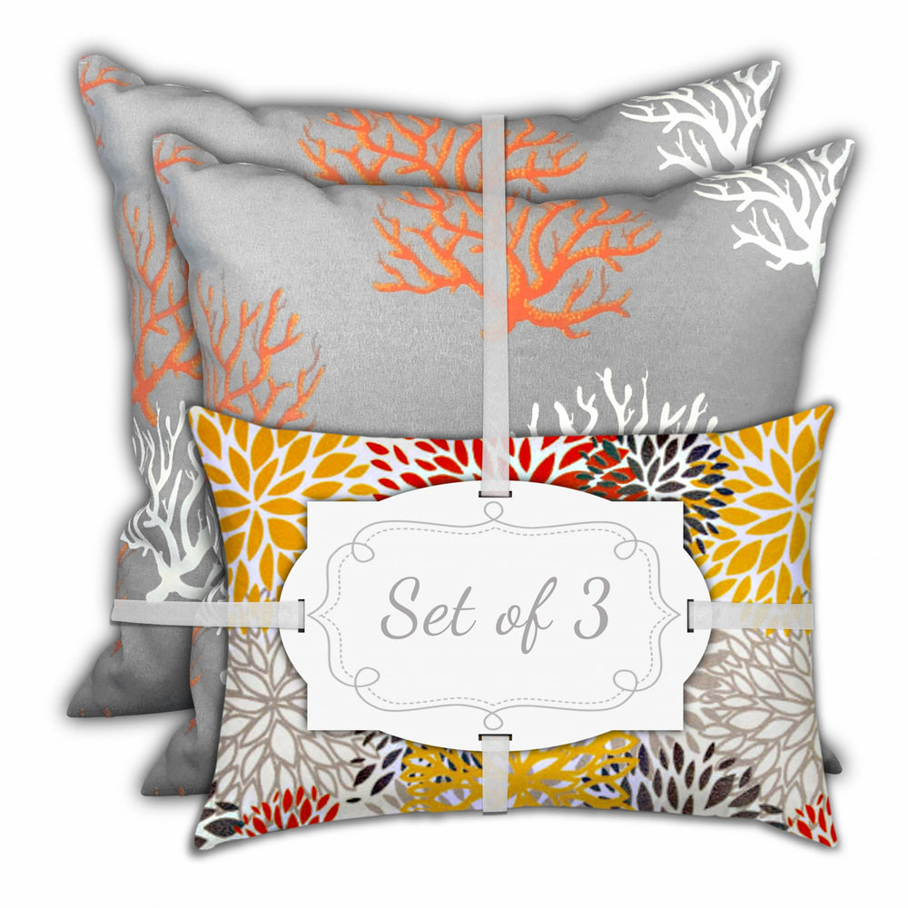 Homeroots Set Of Three 18" X 18" Gray And White Corals Blown Seam Nautical Throw Indoor Outdoor Pillow  Uv Protected Polyester 409568