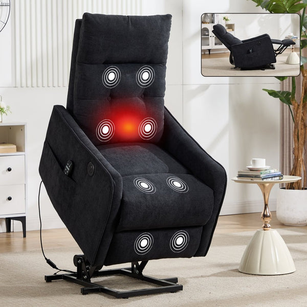 English Elm Beige Chenille Power Lift Recliner with Massage Heat and Usb for Senior Comfort Black W1803P369081