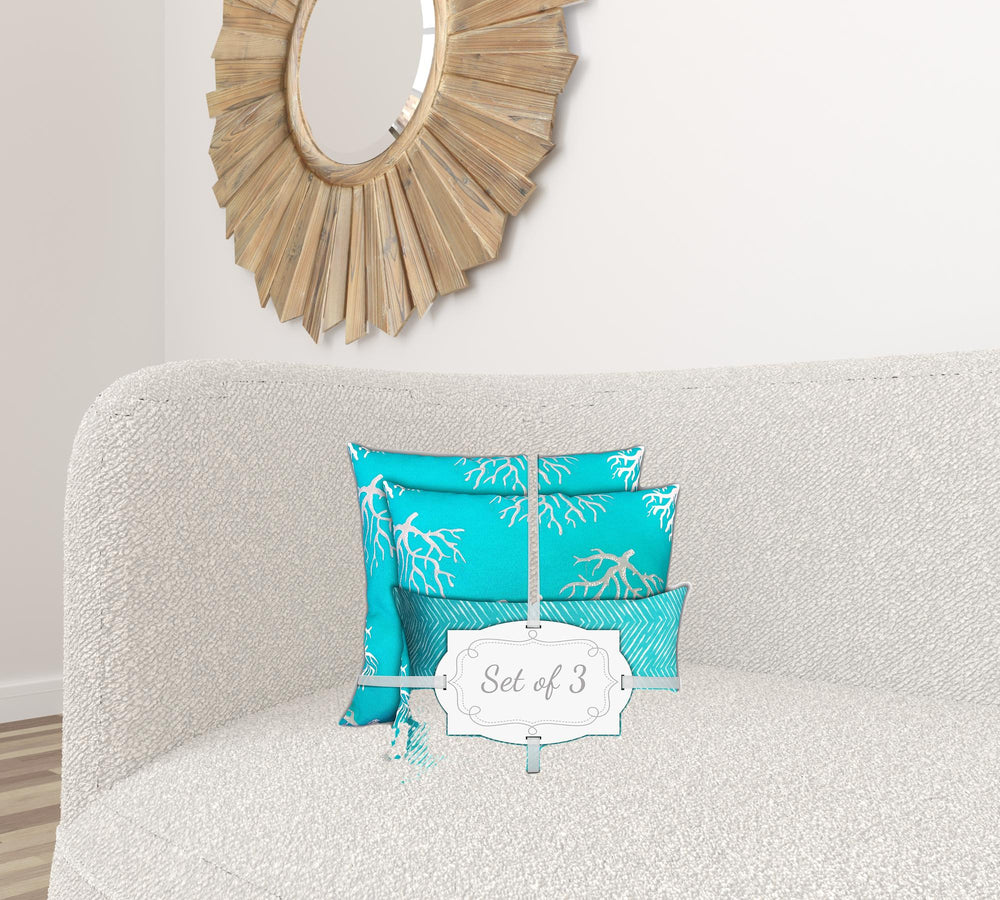 Homeroots Set Of Three 18" X 18" Ocean Blue And White Corals Blown Seam Coastal Throw Indoor Outdoor Pillow  Uv Protected Polyester 409569