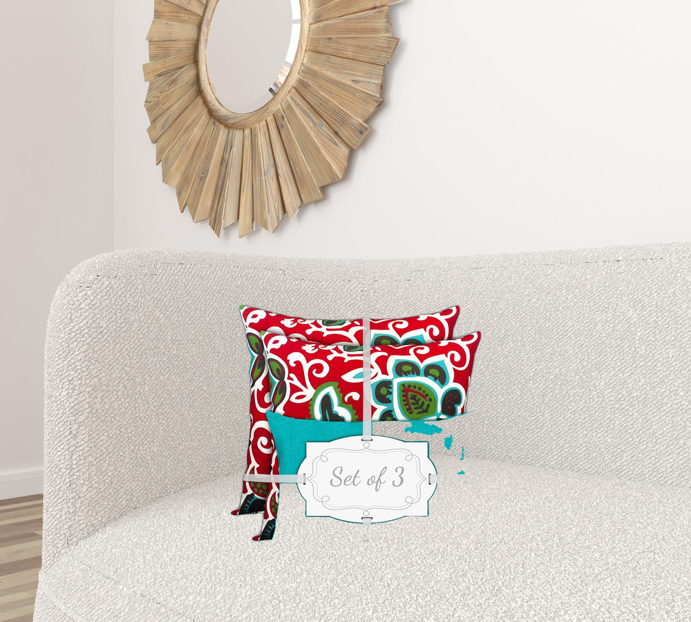 Homeroots Set Of Three 18" X 18" Turquoise And Green Blown Seam Floral Throw Indoor Outdoor Pillow  Uv Protected Polyester 409574