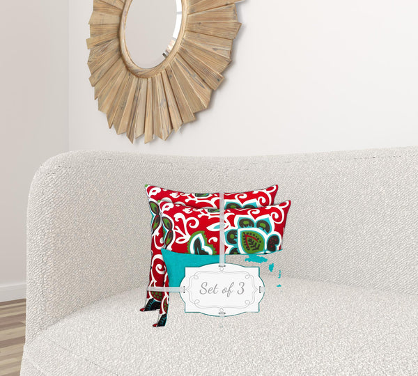 Homeroots Set Of Three 18" X 18" Turquoise And Green Blown Seam Floral Throw Indoor Outdoor Pillow  Uv Protected Polyester 409574