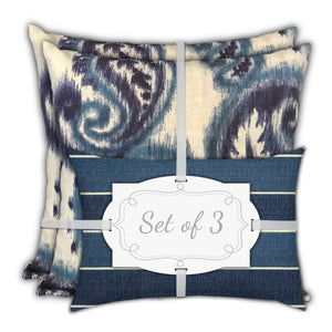 Homeroots Set Of Three 18" X 18" Navy Blue And White Blown Seam Paisley Throw Indoor Outdoor Pillow  Uv Protected Polyester 409592