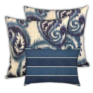 Homeroots Set Of Three 18" X 18" Navy Blue And White Blown Seam Paisley Throw Indoor Outdoor Pillow  Uv Protected Polyester 409592