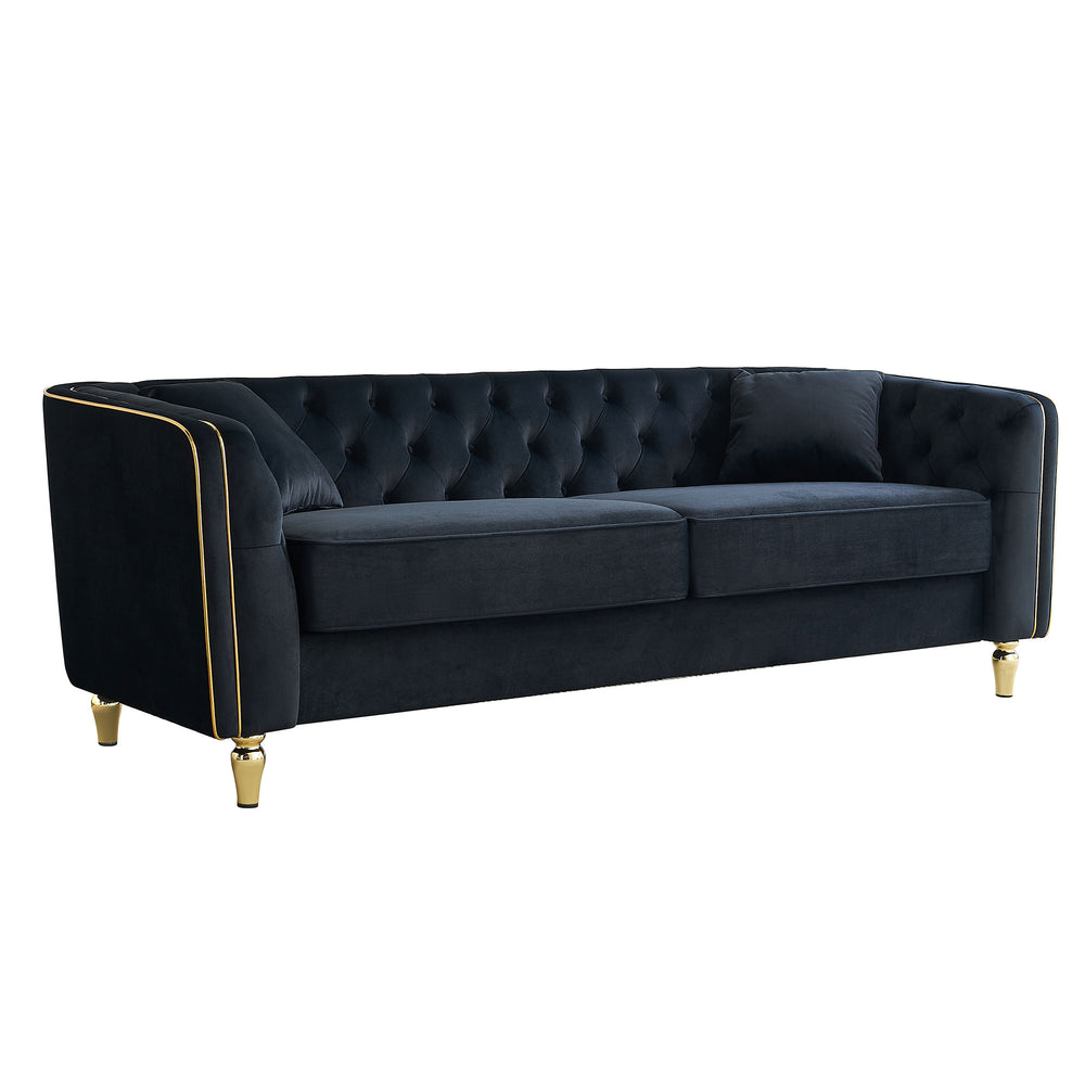 English Elm 87.01"W Modern Tufted Velvet Sofa with Gold Metal Legs, Stylish Accent Seating for Living Room Black W579S00040