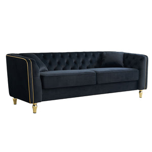 English Elm 87.01"W Modern Tufted Velvet Sofa with Gold Metal Legs, Stylish Accent Seating for Living Room Black W579S00040