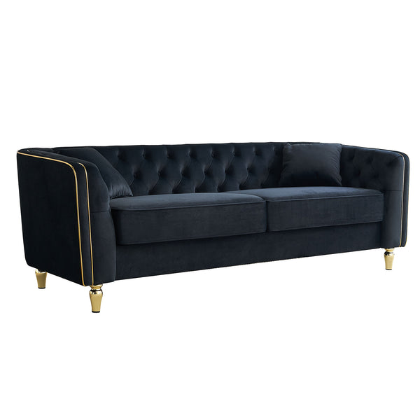 English Elm 87.01"W Modern Tufted Velvet Sofa with Gold Metal Legs, Stylish Accent Seating for Living Room Black W579S00040