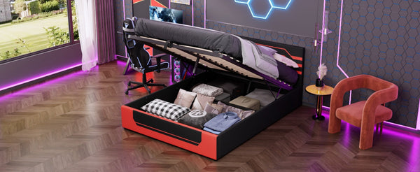 English Elm Modern Cyberpunk Queen Platform Bed Hydraulic Storage Pu Upholstered Gaming Frame Black+Red SF000205AAJ