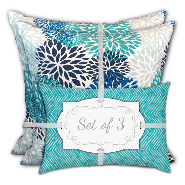 Homeroots Set Of Three 18" X 18" Blue And White Blown Seam Floral Throw Indoor Outdoor Pillow  Uv Protected Polyester 409634