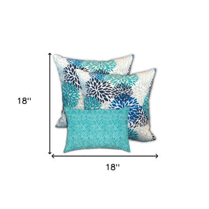 Homeroots Set Of Three 18" X 18" Blue And White Blown Seam Floral Throw Indoor Outdoor Pillow  Uv Protected Polyester 409634